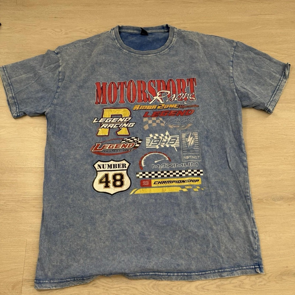Motorsport Racing Graphic T-Shirt Men's Large Blue Acid Wash Number 48 Tee - Picture 2 of 4